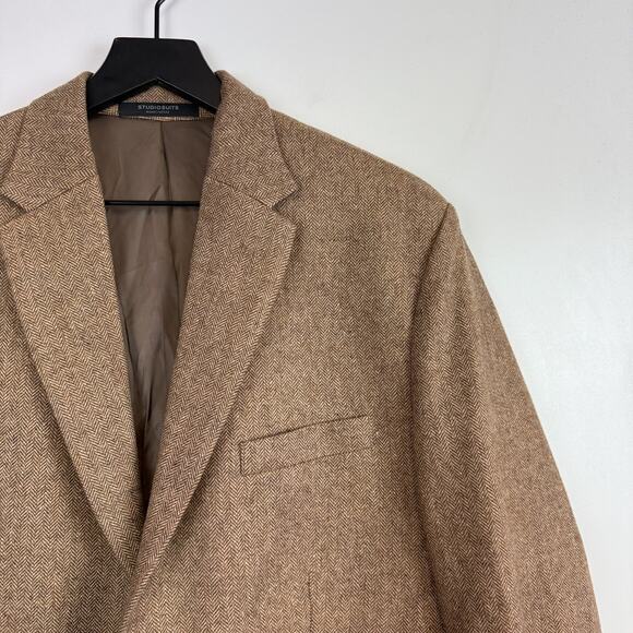 StudioSuits Handcrafted 100% Wool Blazer Jacket Brown Tan Herringbone - 42L Long - Picture 2 of 10